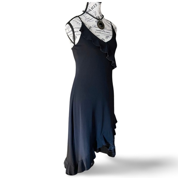 Black Asymmetrical Ruffle Midi Dress S Y2K 90s sleek minimalist - Picture 4 of 6